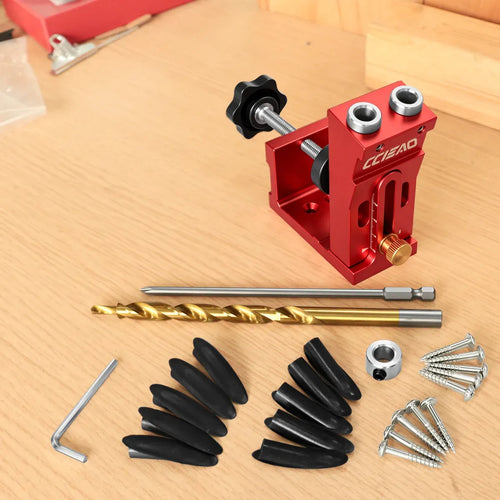 Red pocket hole jig kit with drill bit, screws, hex keys, and black countersinks