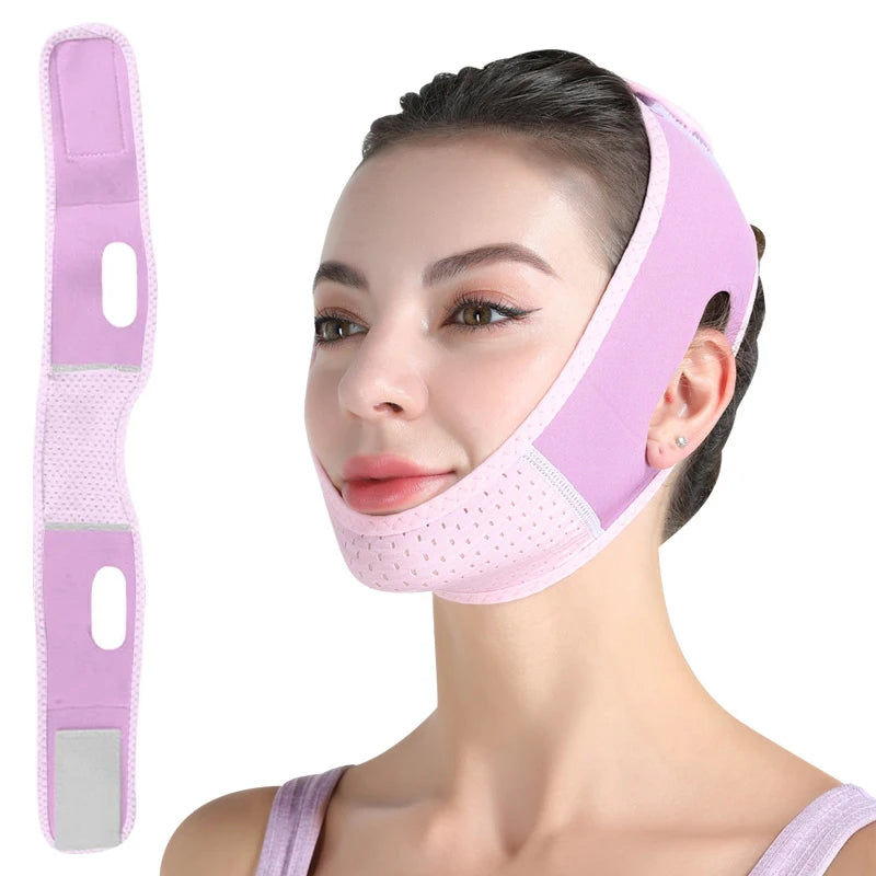 A woman wears a light purple, perforated fabric V-line face slimming bandage strap with ear cutouts.