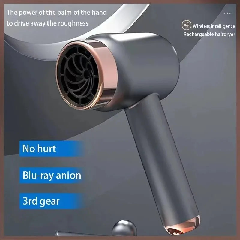 Portable dark grey and rose gold wireless USB rechargeable hair dryer with blu-ray anion technology and 3 heat settings.