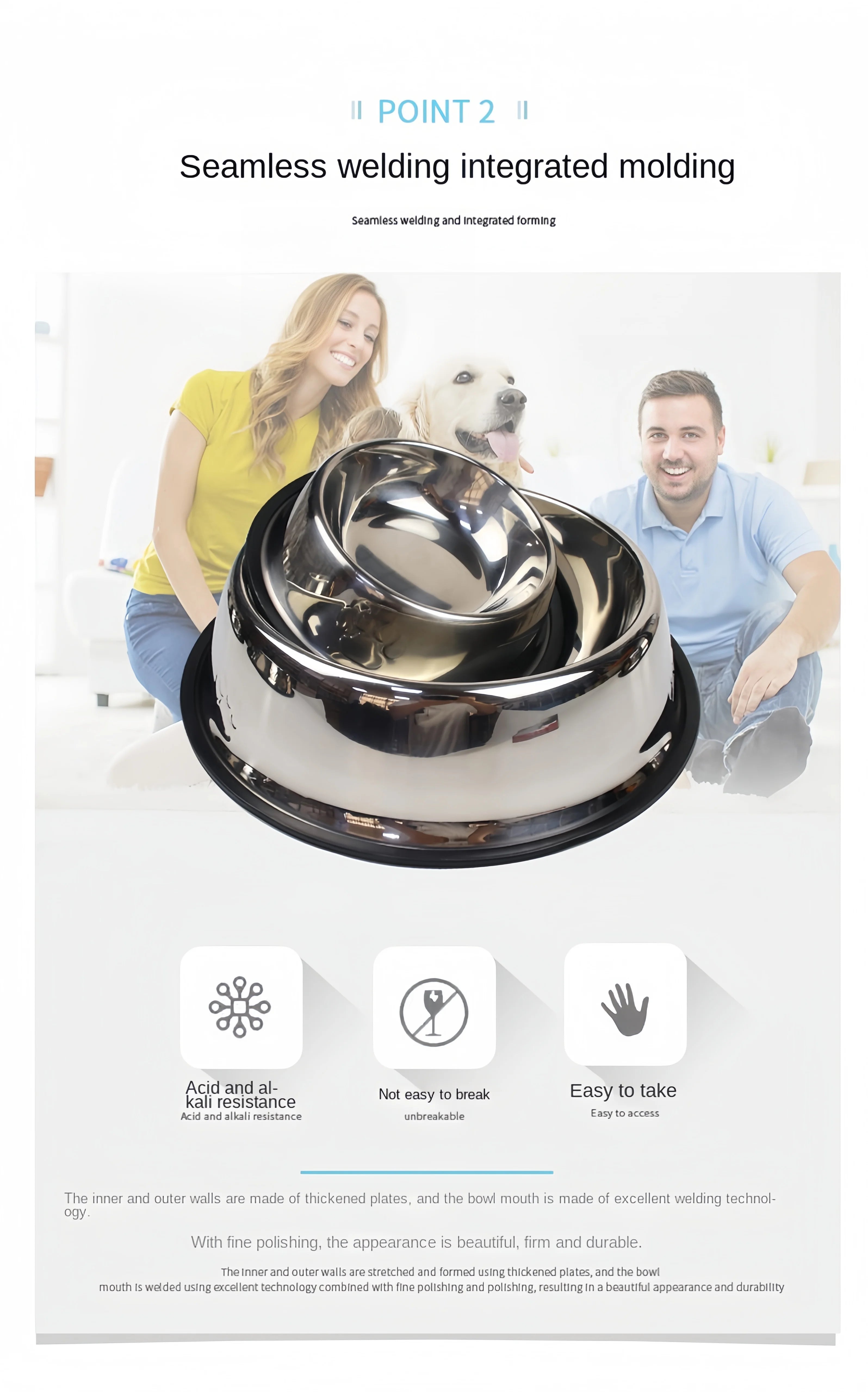 Durable stainless steel pet bowl for dogs and cats. Easy-to-clean metal feeding bowl available in 6 sizes.