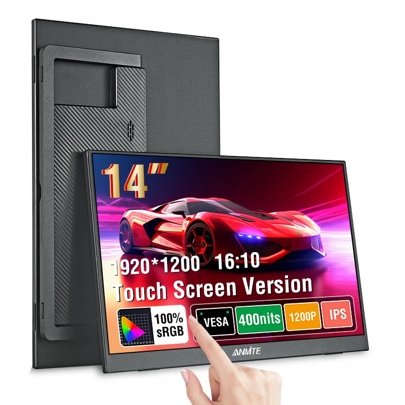 14-inch black portable touch monitor at an angle, displaying sports car graphics and specs against a carbon-fiber back.