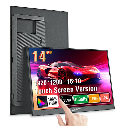 14-inch black portable touch monitor at an angle, displaying sports car graphics and specs against a carbon-fiber back.
