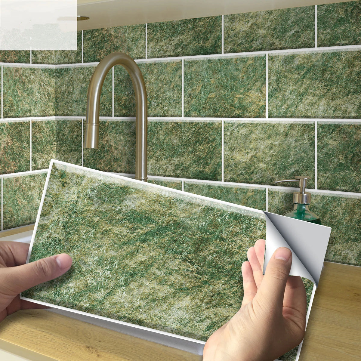 Peel-and-stick brick tile sticker sheet, green stone brick pattern.