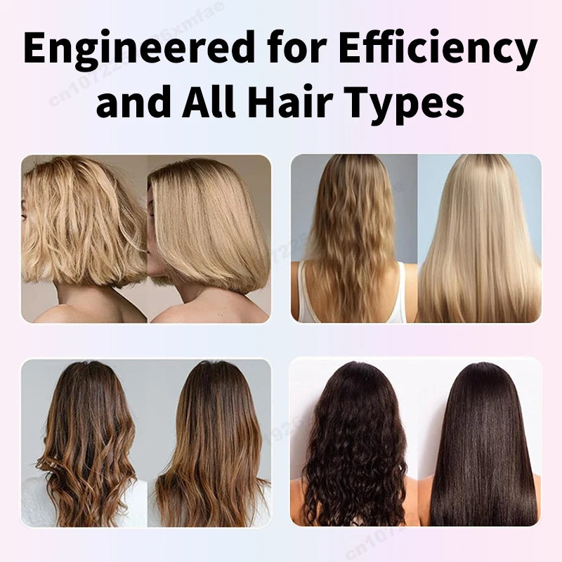 SenCiciMen 2-in-1 hair straightener and dryer showing before-and-after results for smooth, shiny, healthy hair styles.