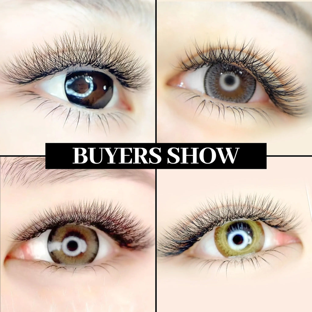 Collage of eyes wearing natural-looking colored contact lenses and long, wispy false eyelashes.
