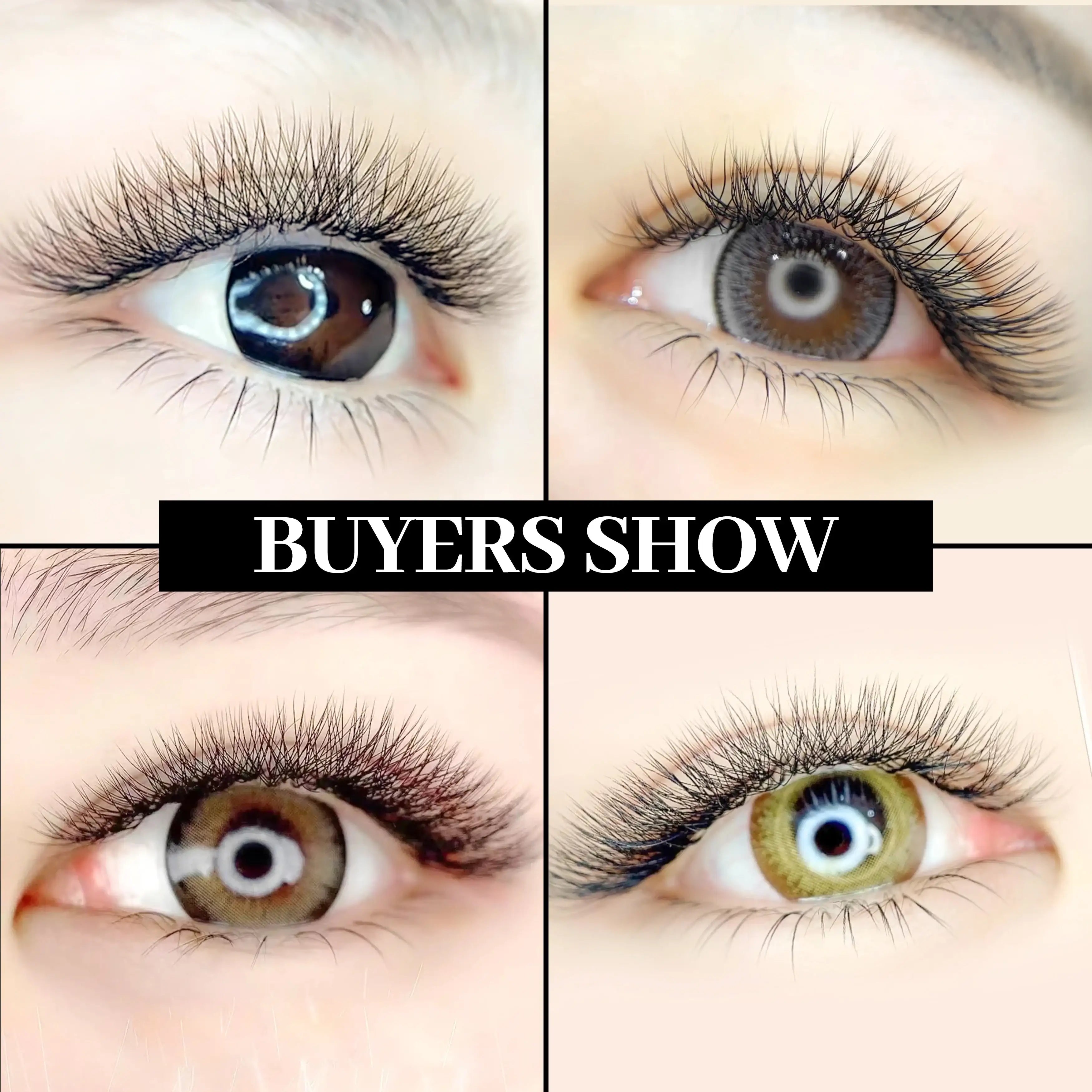 Collage of eyes wearing natural-looking colored contact lenses and long, wispy false eyelashes.