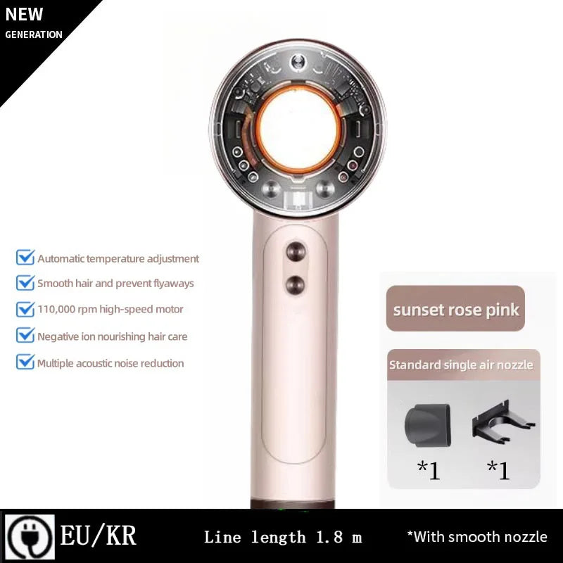 Sunset rose pink high-speed professional hair dryer with ionic technology, fast-dry motor, and nozzle attachments.