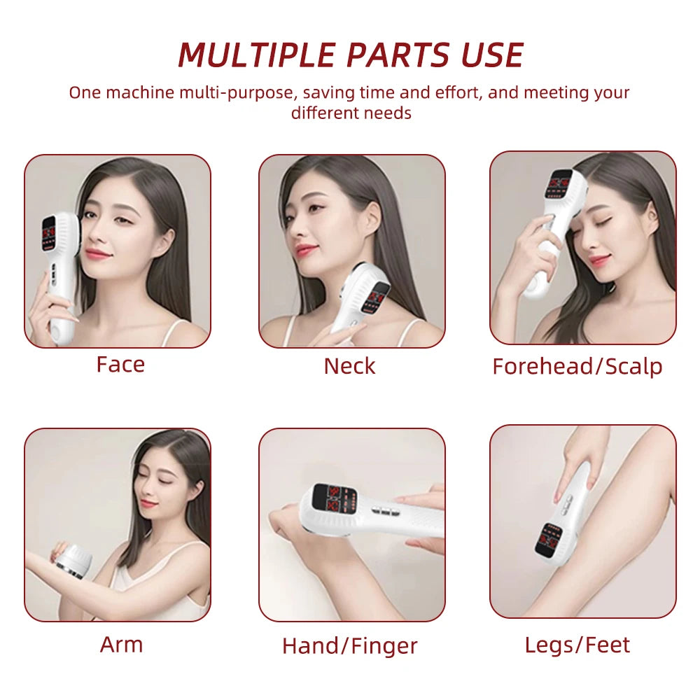 A white handheld red and infrared light beauty device shown being used on the face, neck, scalp, arms, hands, and legs.