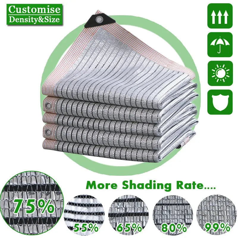 Aluminum foil sunshade net screen, folded gray stack shown for shading options