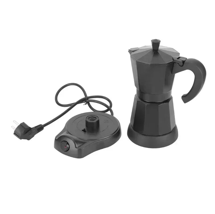 Black electric moka pot espresso maker with detachable heating base and power cord, isolated on white background.