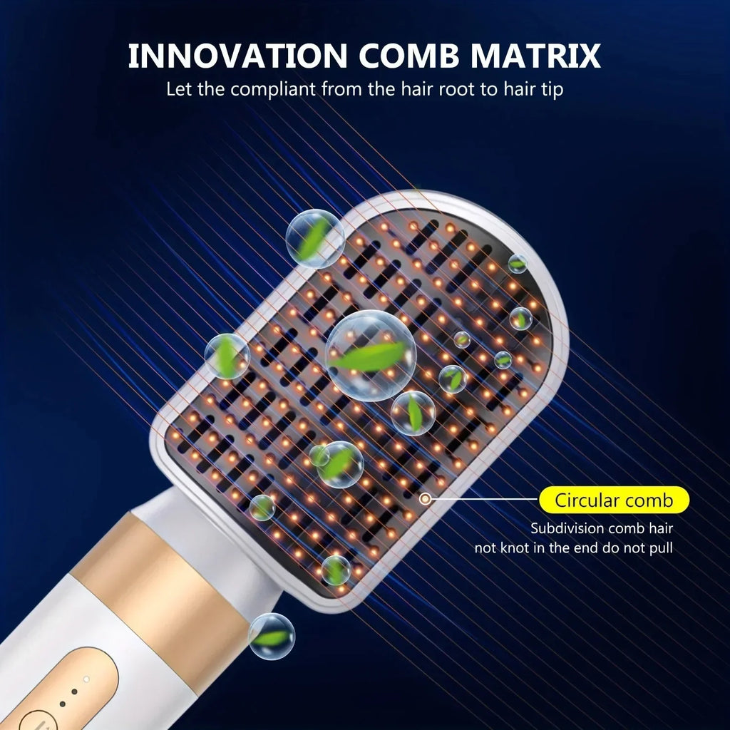 TINSOL 7-in-1 hair dryer hot brush with gold and white finish, featuring anti-knot circular comb matrix attachment.