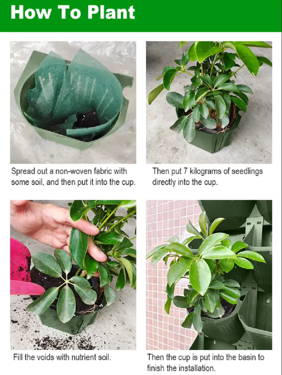 Green vertical garden planter cups during filling and planting process