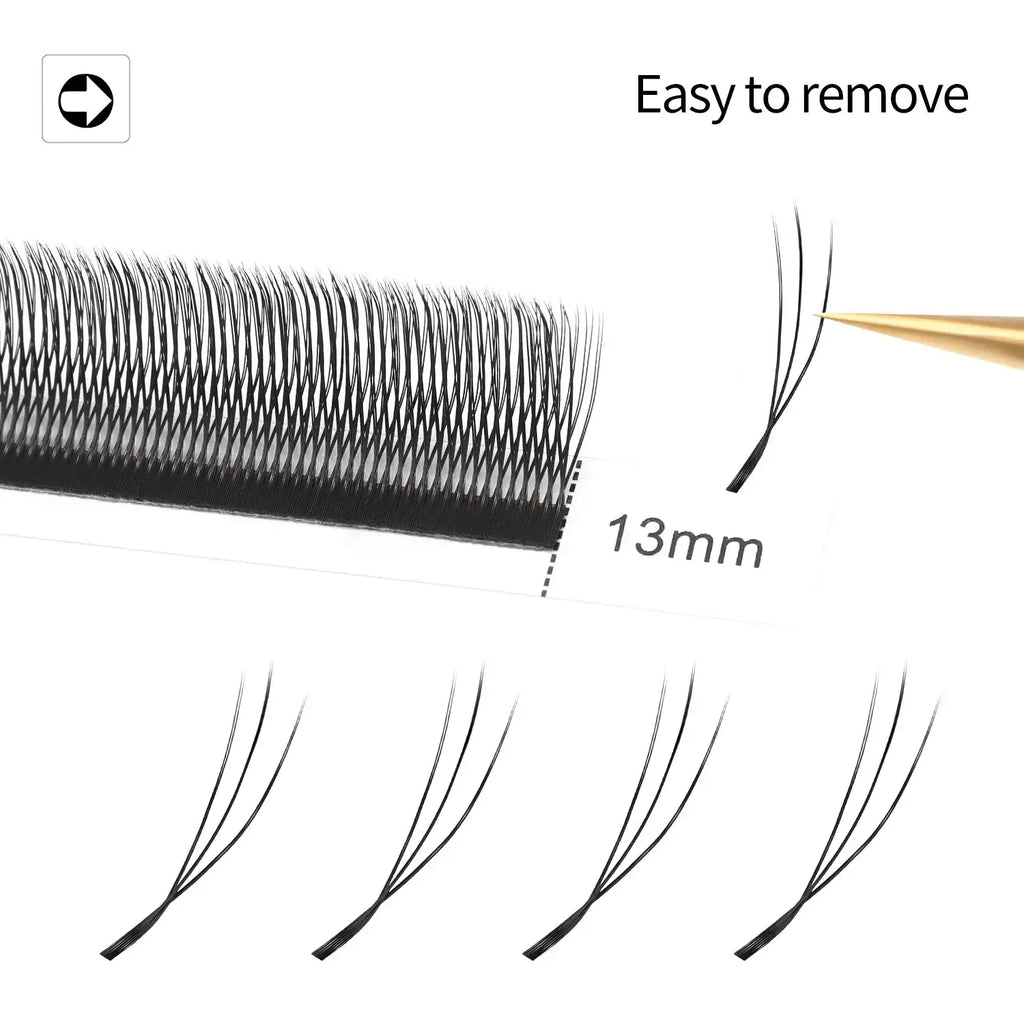 13mm black lash extension strips for volume application, shown with individual fan clusters being lifted.