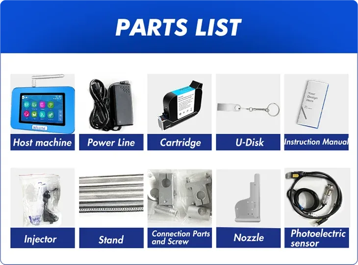 Parts list diagram showing host machine, power line, cartridge, U-disk, and sensor