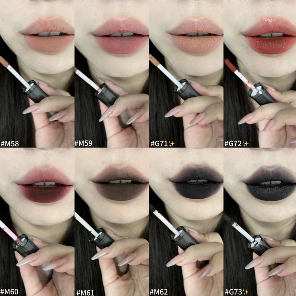 Girlcult Love Whisper Matte Lip Stain swatches: variety of velvet matte, lightweight shades on lips with applicators.