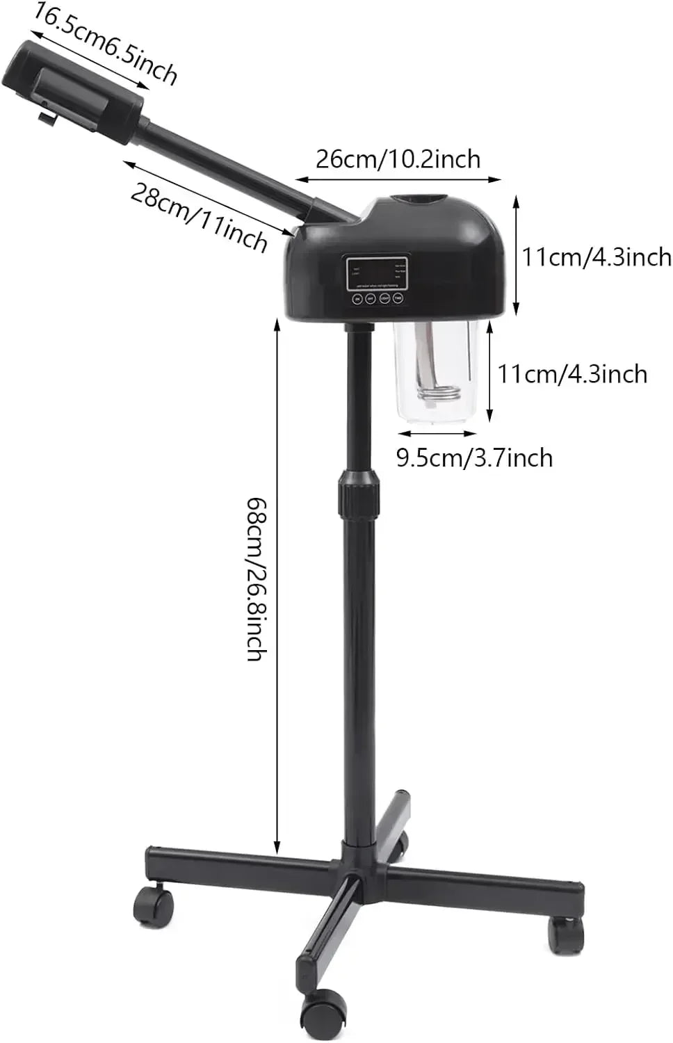 Portable black professional facial steamer with LCD screen, adjustable height stand, and wheels for salon or home use.