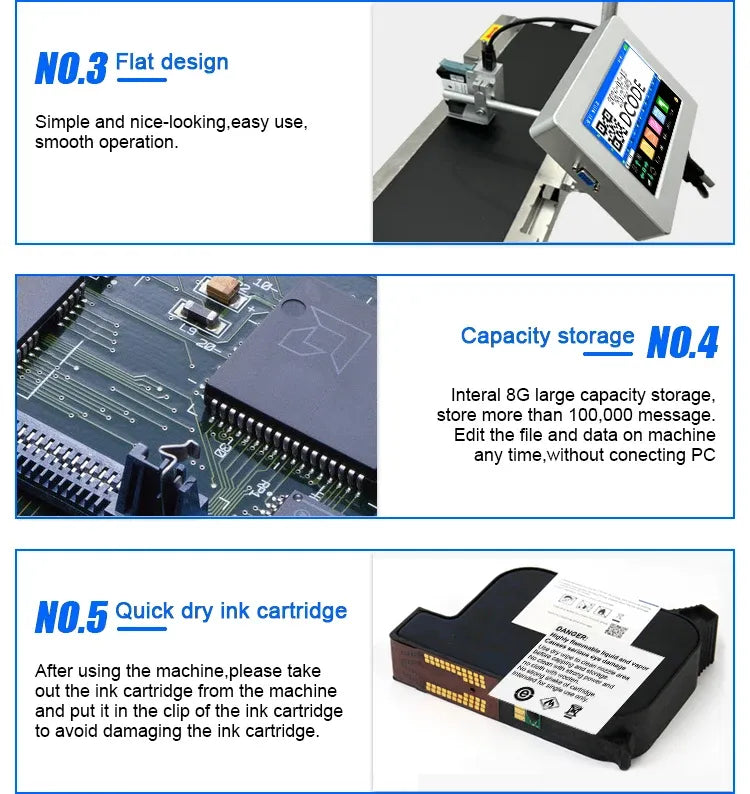 Industrial thermal inkjet printer with touchscreen, electronics circuit board, and ink cartridge