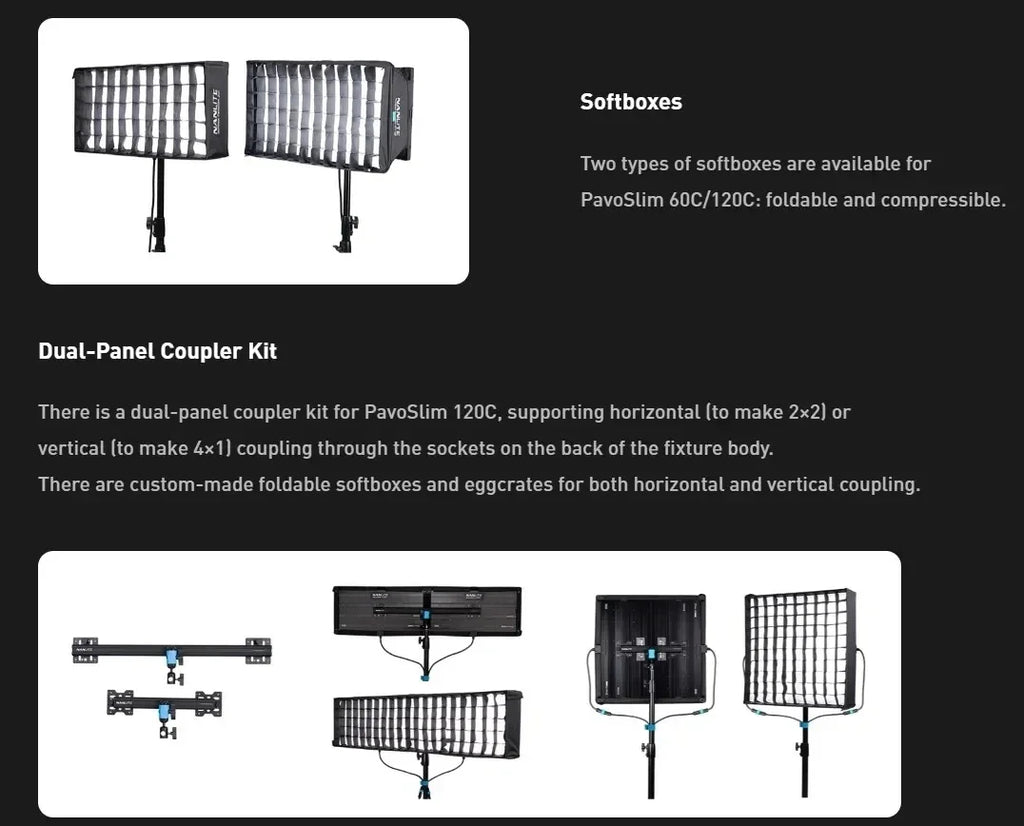 Foldable, black fabric softboxes with eggcrate grids for PavoSlim LED panels, shown in single and coupled