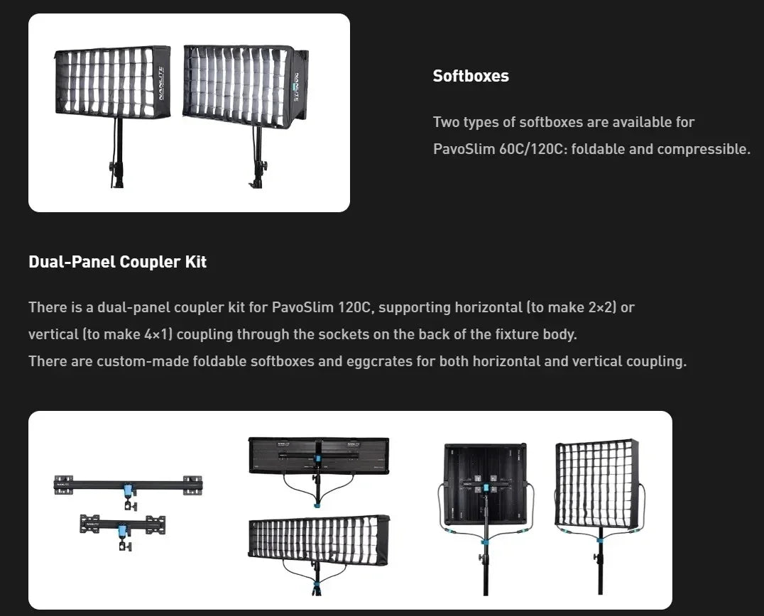 Foldable, black fabric softboxes with eggcrate grids for PavoSlim LED panels, shown in single and coupled