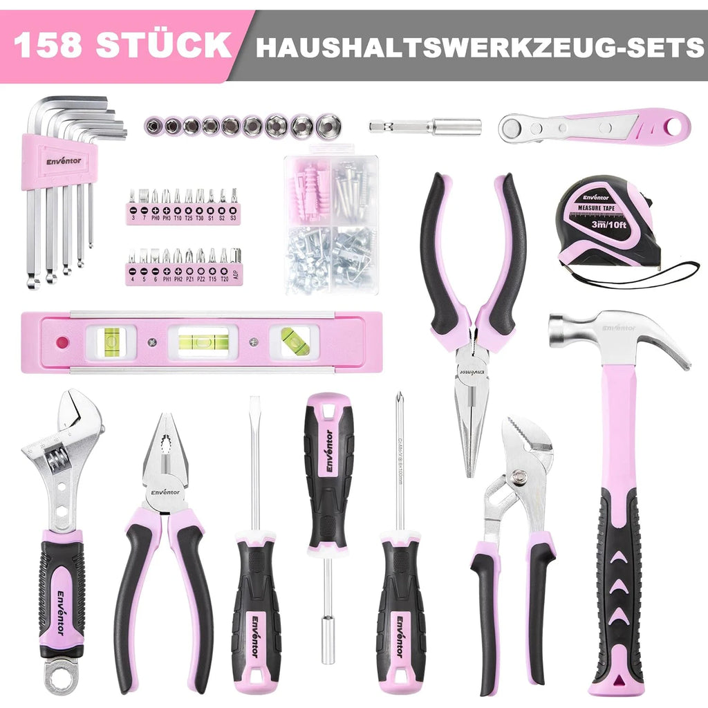ENVENTOR Small Tool Case for Women, Household Tool Set, Tool Box Pink, Universal Complete with Tools Hand Tool, Tool Kit Fitted 158-Pcs, for Household DIY