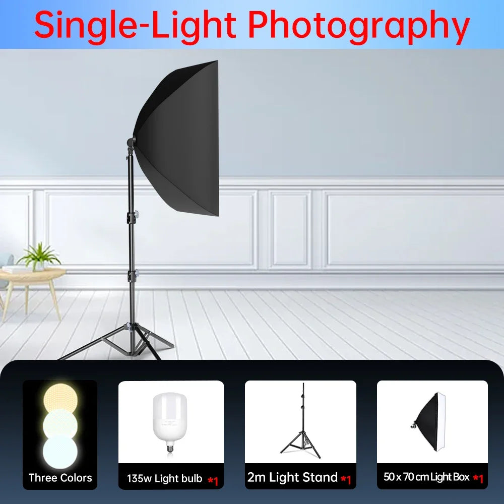 Single softbox photography light with three-color bulb on stand