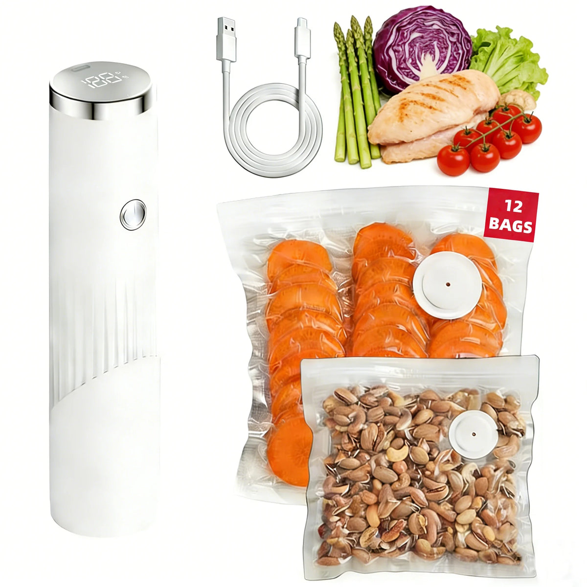Electric Vacuum Sealer Machine 12 Reusable Bags USB Rechargeable Vacuum Sealer Suitable for Food Preservation Camping Freezer