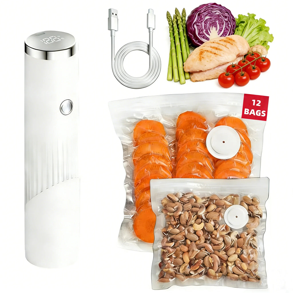 Electric Vacuum Sealer Machine 12 Reusable Bags USB Rechargeable Vacuum Sealer Suitable for Food Preservation Camping Freezer