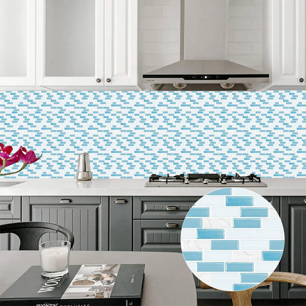 Blue brick-pattern 3D mosaic tile wall stickers with round close-up of tile sheet