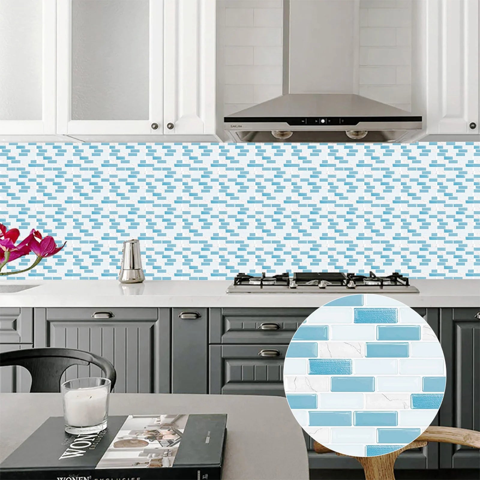 Blue brick-pattern 3D mosaic tile wall stickers with round close-up of tile sheet