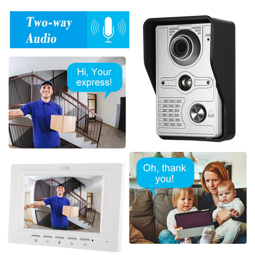 Wired video doorbell monitor and outdoor door station with two-way audio and call prompts.