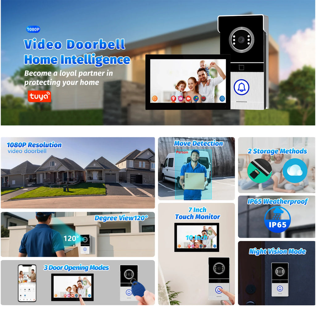Tuya WiFi Video Intercom with 7'' HD Display, Dual-Mode Night Vision & Waterproof Design, Video Door Bell for Villa/Gate