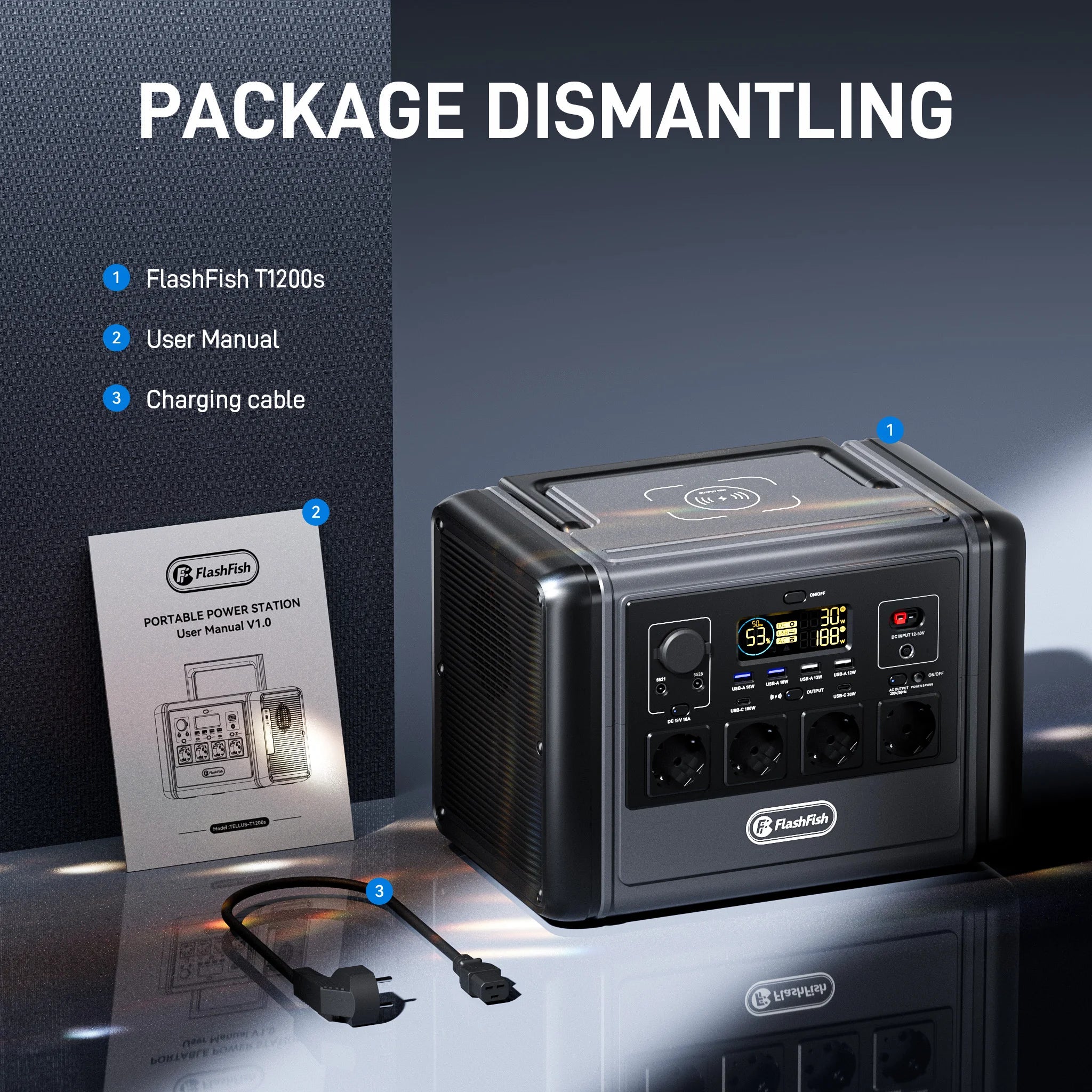Portable Power Station FlashFish T1200S 768Wh 1200W LiFePO4 Solar Generator, PD Fast Charge Wireless Charging Outdoor Emergency Battery Pack