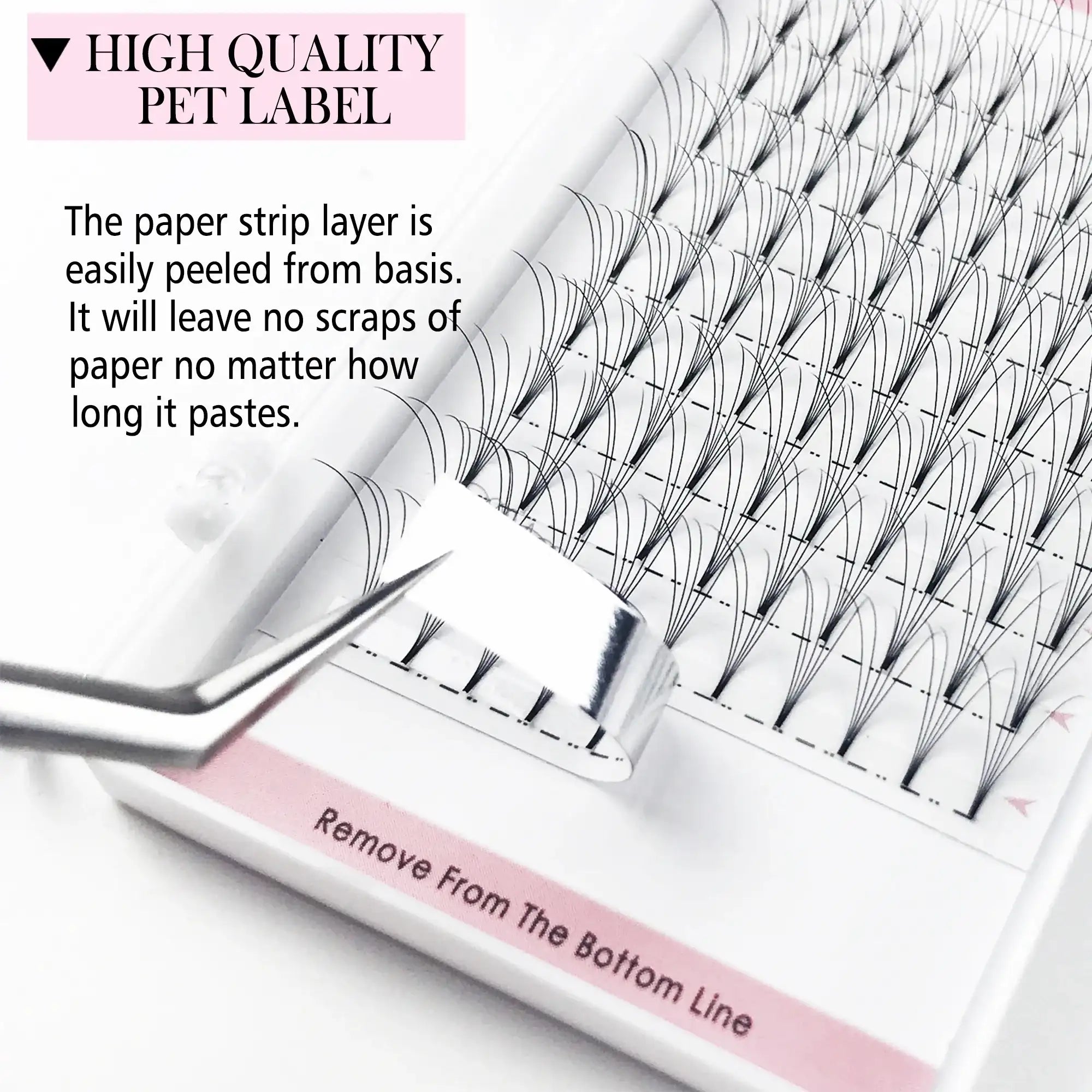 Tidesmit premade volume lash fan tray with foil backing being peeled off with tweezers, showing black faux mink lashes.