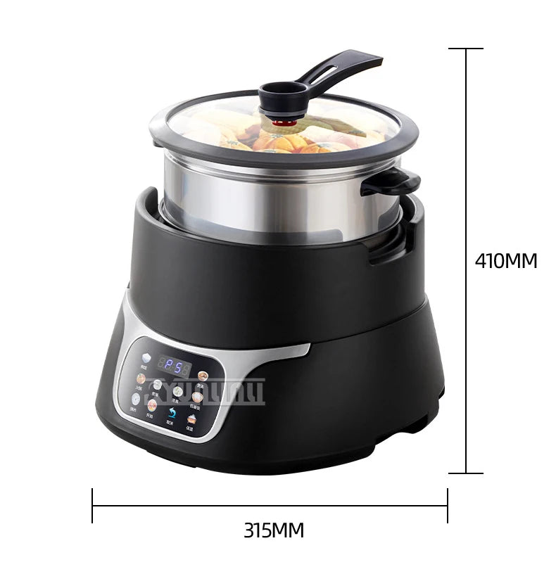 Stainless and black electric rice cooker with clear glass lid and side control panel