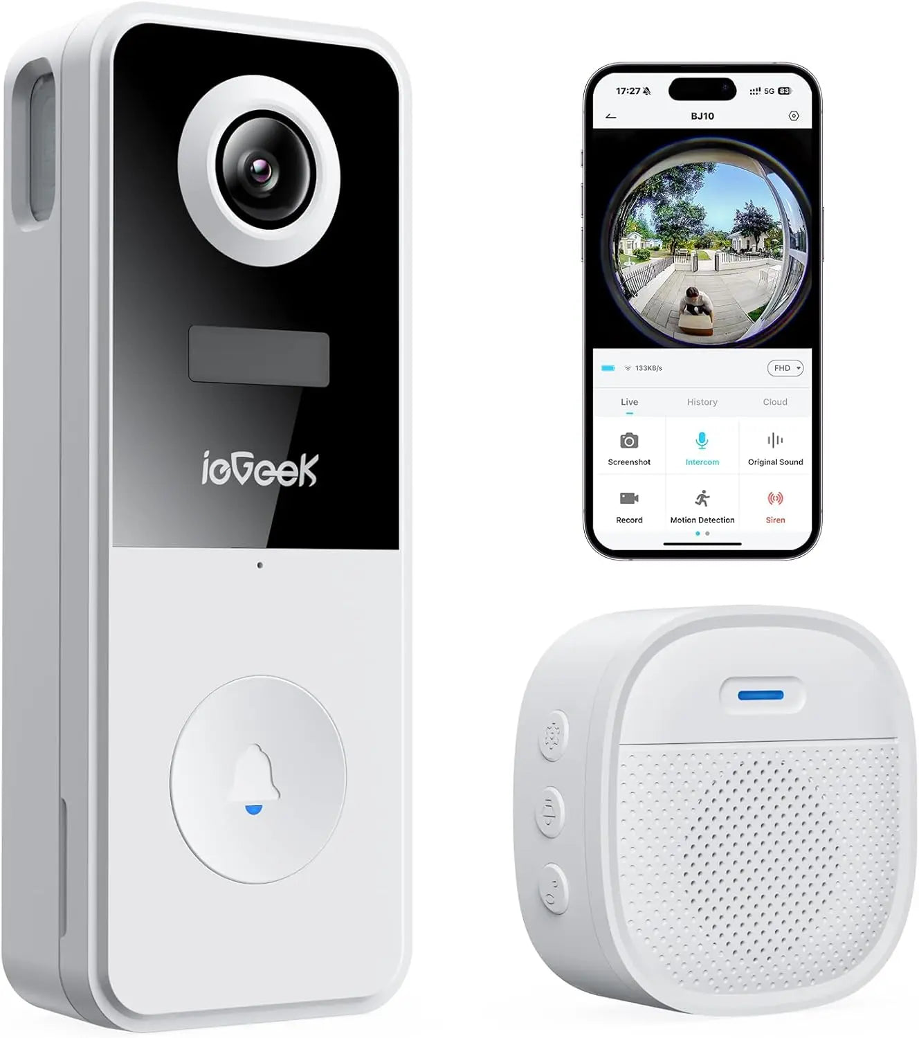 ieGeek 2K Wireless Doorbell Outdoor Waterproof Wireless Doorbell with 180° Fisheye Camera, Compatible with Alexa / AI Detection