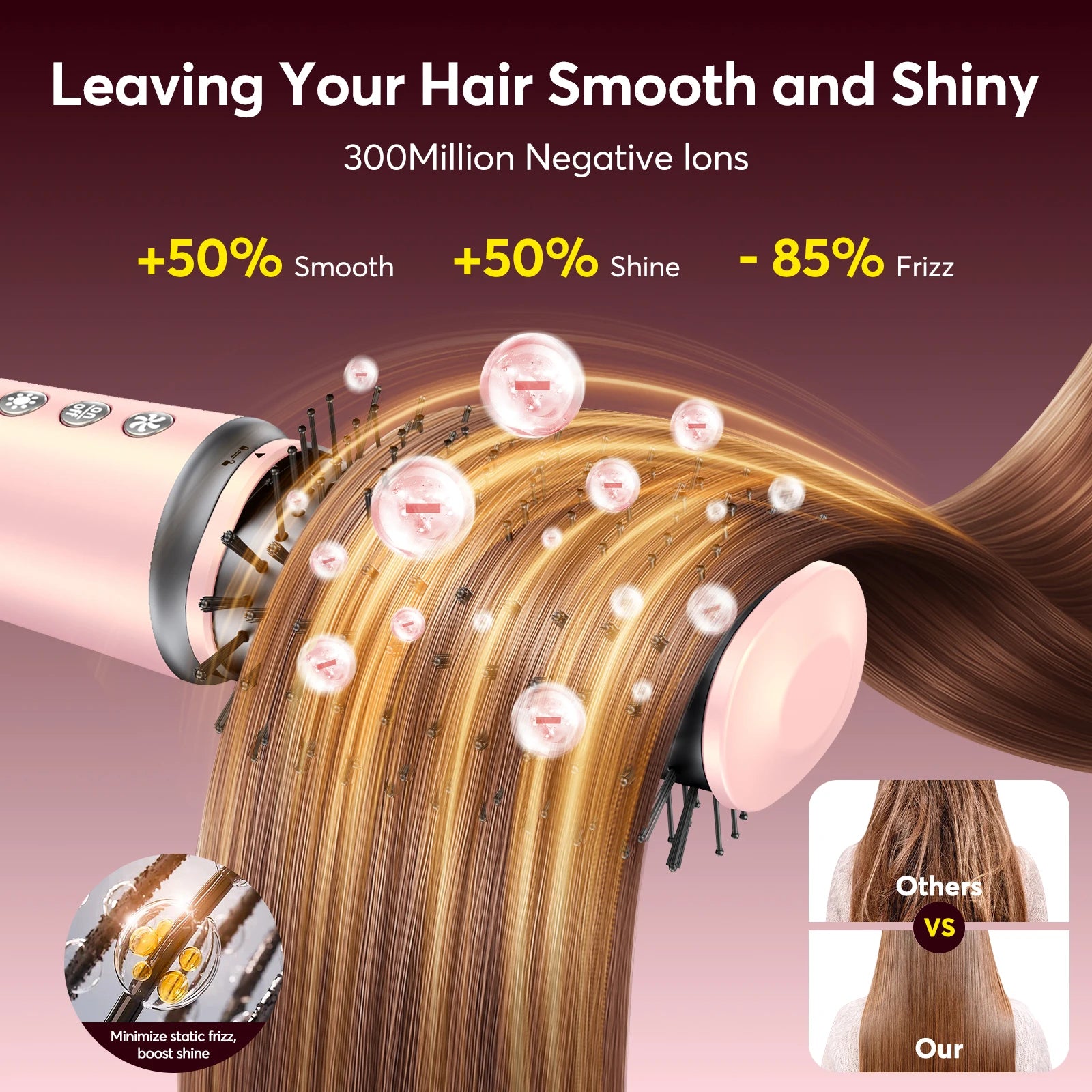 Pink 5-in-1 ionic air wrap hair styler brush straightening hair with negative ions for smooth, frizz-free results.