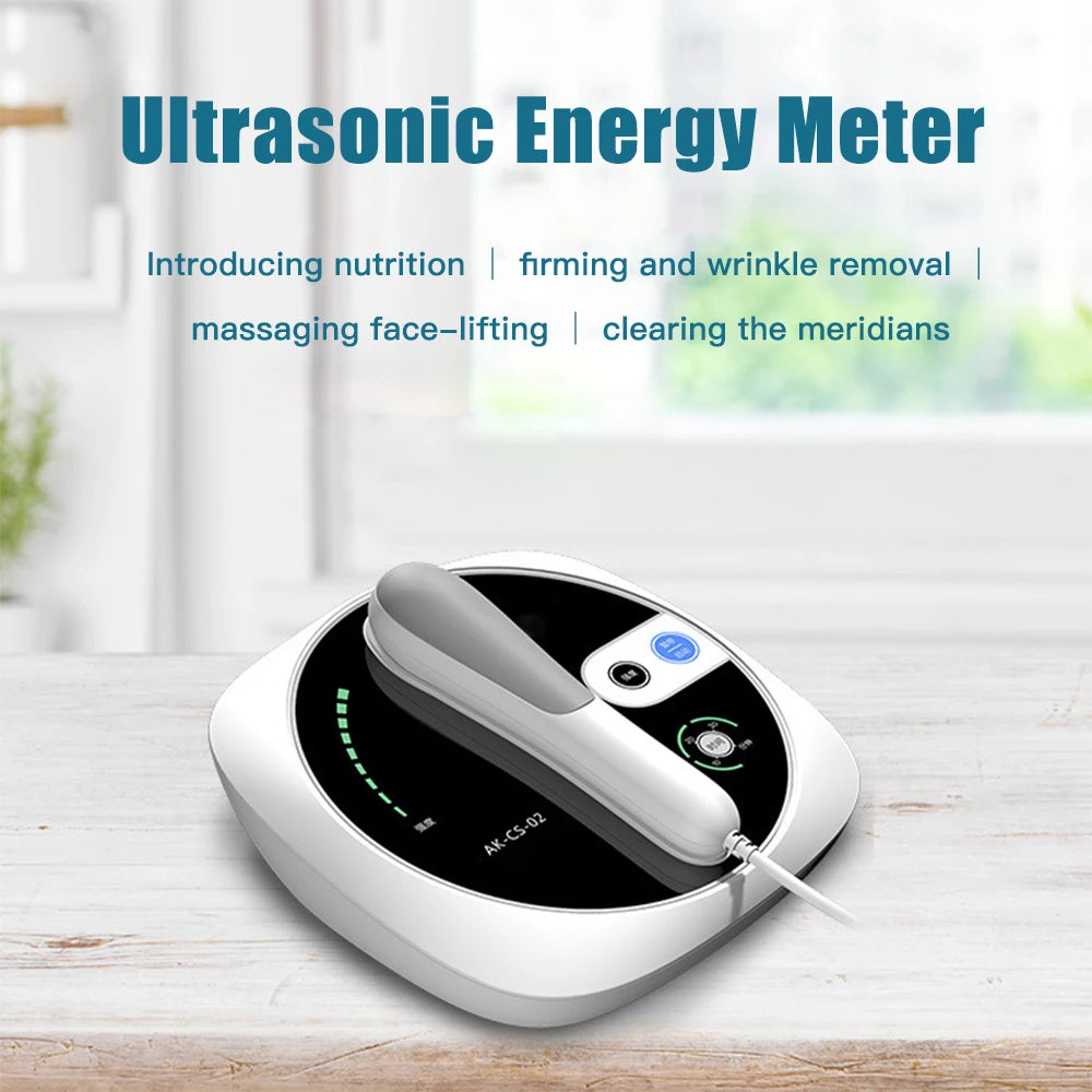 Ultrasonic energy meter for facial massage and skin firming, featuring a white rounded base and handheld wand.