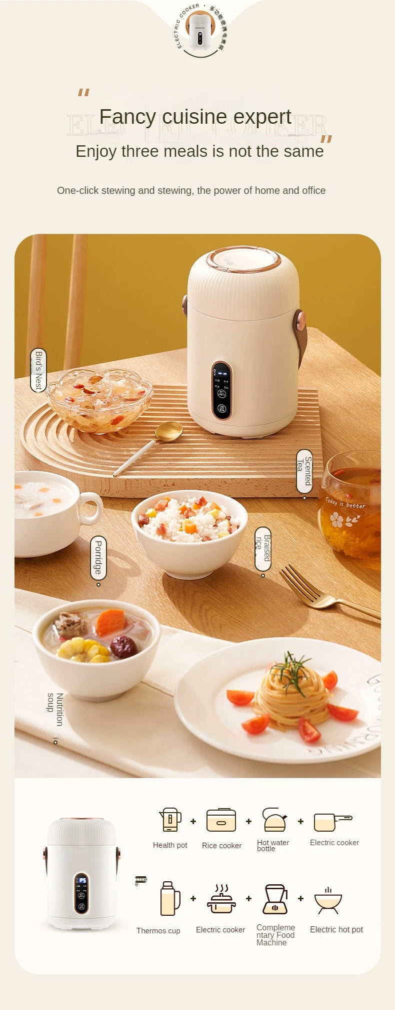 White electric stewing cup slow cooker with set of meal bowls around it