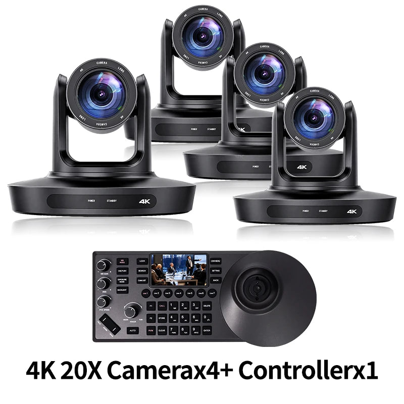 Video conferencing PTZ camera kit: three black PTZ units and a control console