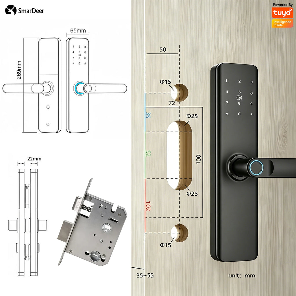 SmarDeer Indoor 5-in-1 Intelligent Door Lock,Tuya WIFI Fingerprint Lock，Keyless Entry Smart Electronic Door Lock for Home