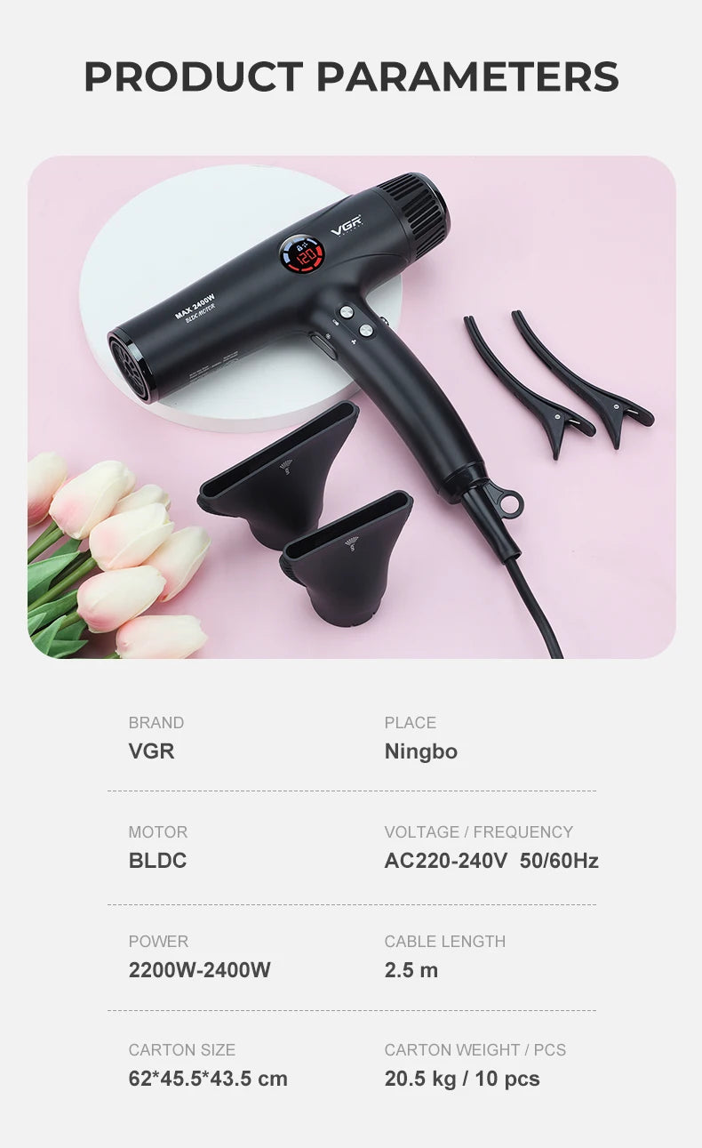 VGR black professional hair dryer with digital display, BLDC motor, two nozzles, and hair clips for salon-quality styling.