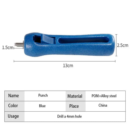 Blue 4mm drip tubing hole punch tool with size measurements and material chart
