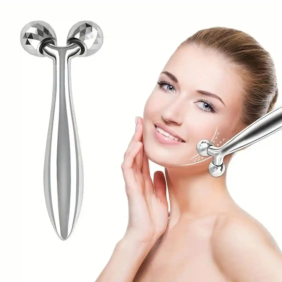 Silver Y-shaped 3D facial roller massager with diamond-cut spheres being used on a woman's jawline.