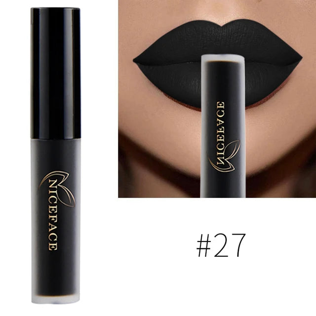 Niceface #27 waterproof matte liquid lipstick in bold black. Long-lasting, smudge-proof lip makeup with smooth finish.