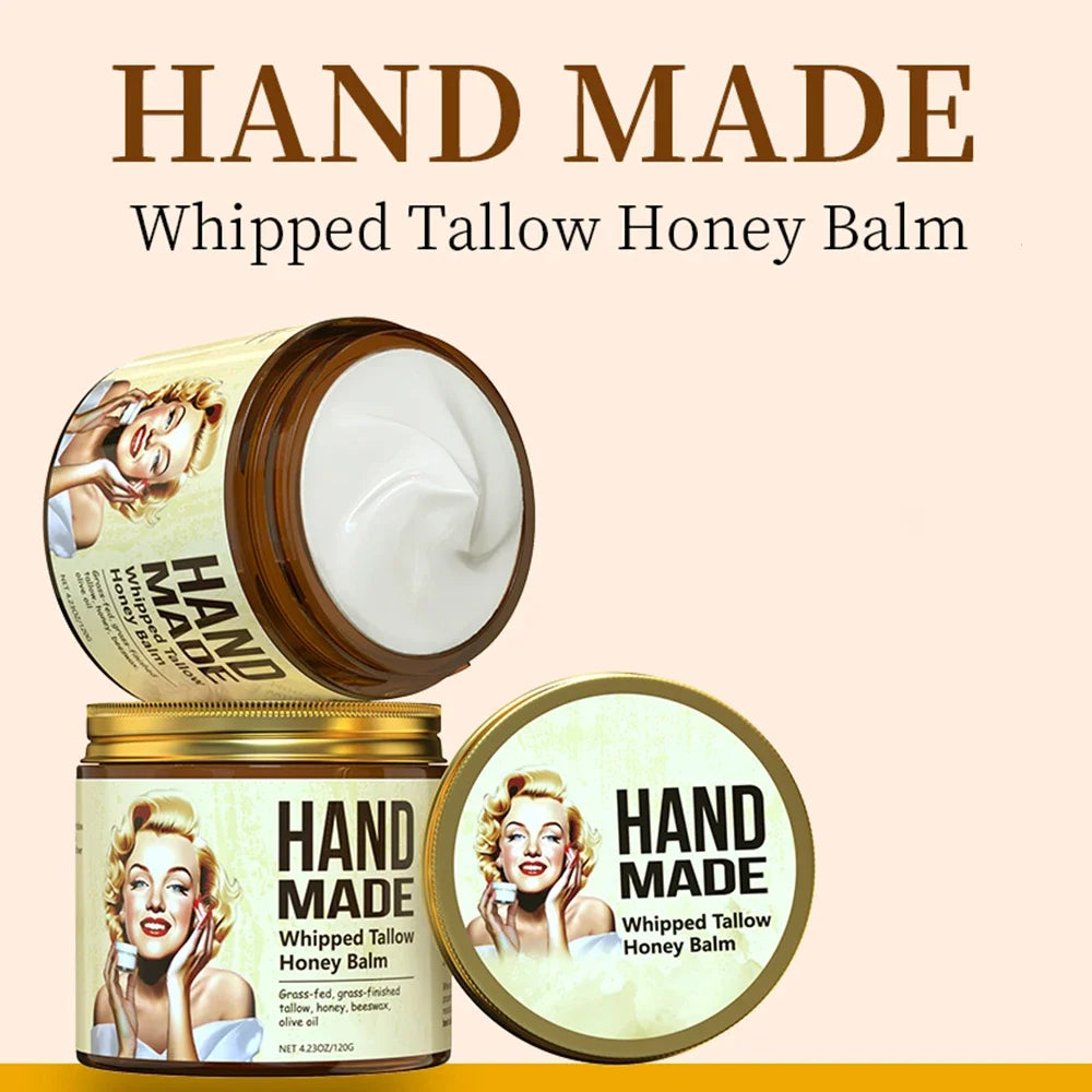 ENVISHA handmade whipped tallow and honey face cream in gold jars for moisturizing and firming skincare routine.