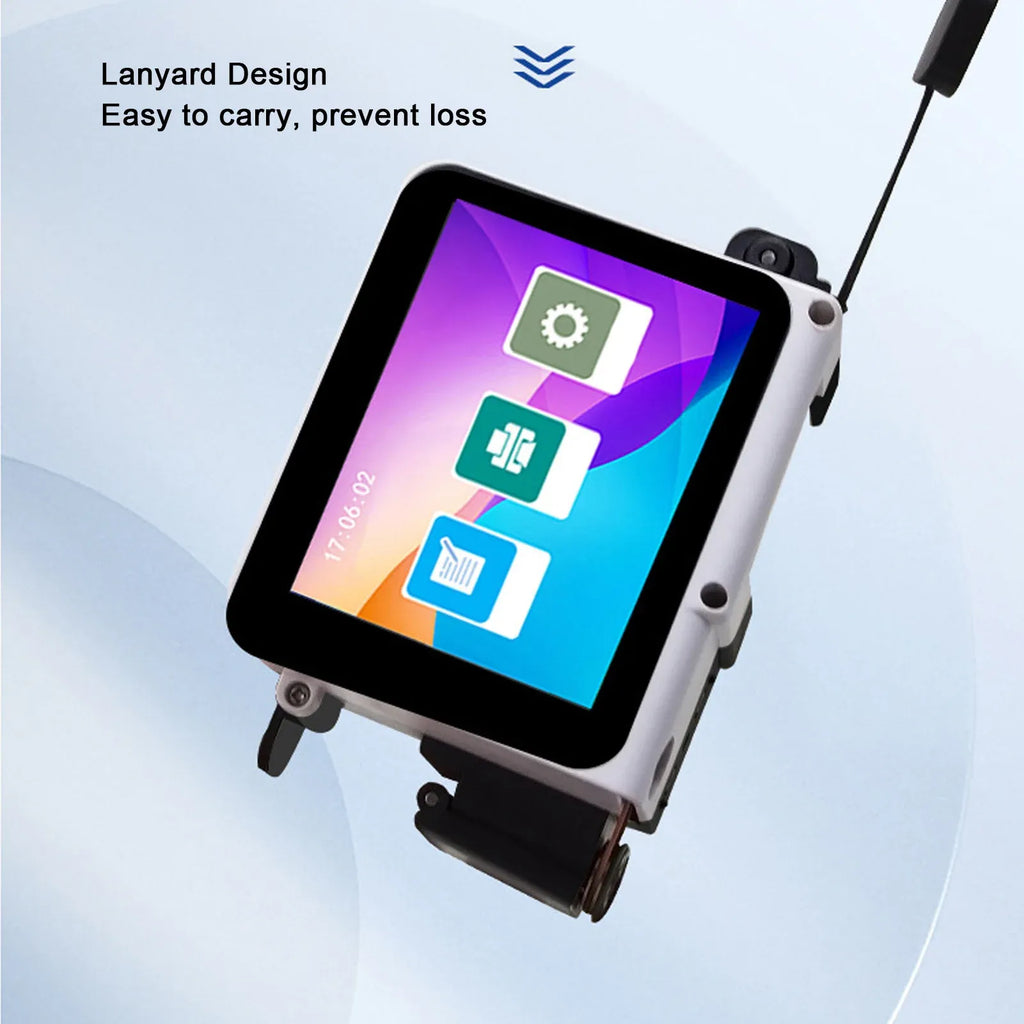Handheld inkjet printer with lanyard and color touchscreen on a mounting stand