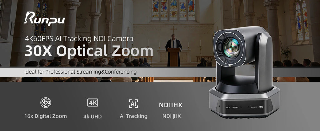 Runpu 4K 60fps NDI PTZ Camera 20x 30x Optical Zoom IP LIve Streaming PTZ Camera AI Auto-Tracking 3G-SDI LAN USB PoE for Church
