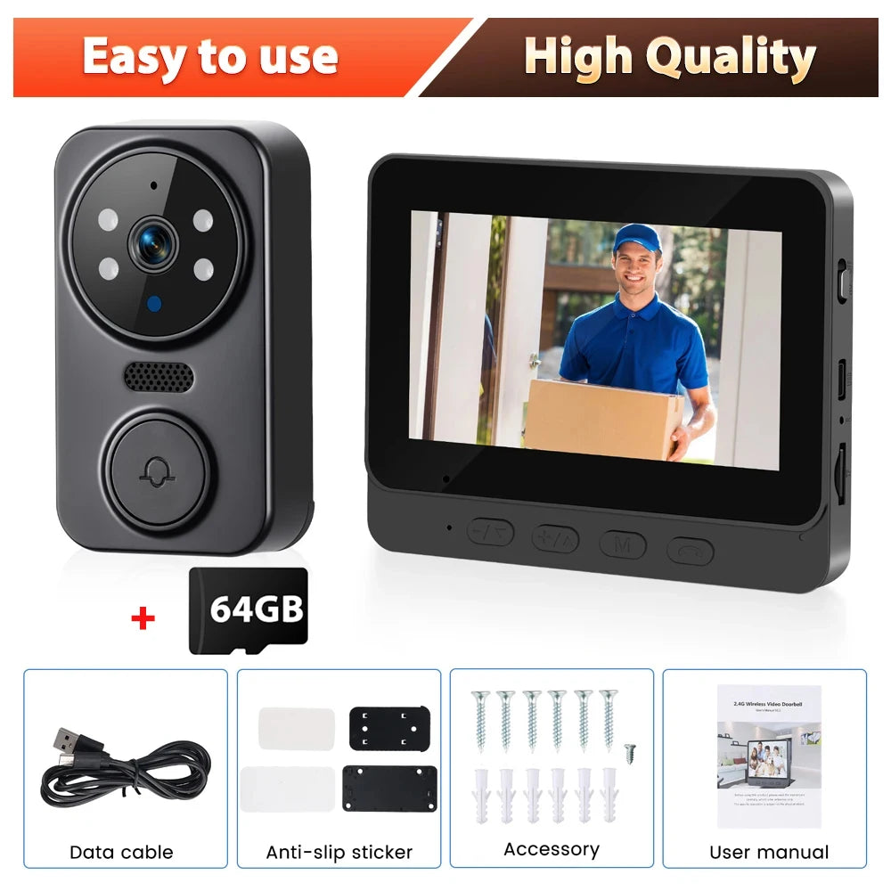 Podofo Smart Wireless Video Doorbell With Screen 4.3'' IPS HD Smart Intercom 2.4G Visible Doorbell Two-Way Talk Night Vision Home Use Security Camera