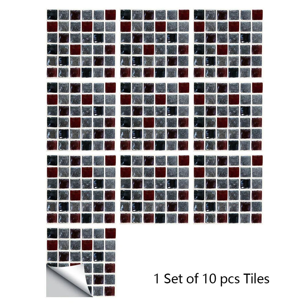 Mosaic tile sticker set with black, gray, and red-accent square tiles, peel-and-stick
