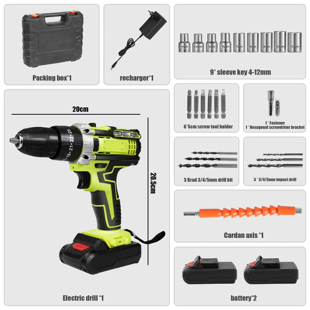 28V Cordless Impact Drill Screwdriver 1350rpm High Speed, Rechargeable Household Power Tool Complete with Matching Drill Bits Set